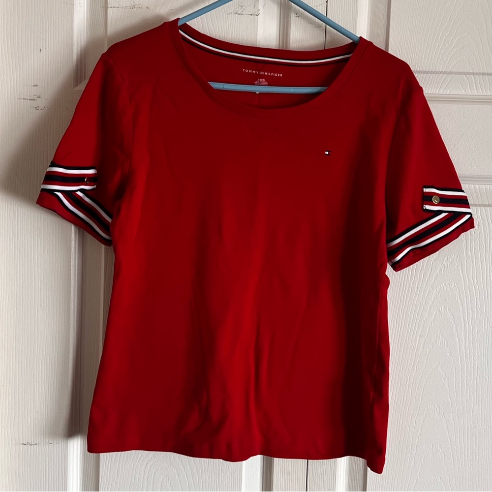 Tommy Hilfiger Red Short Sleeve Tee with Striped Sleeves